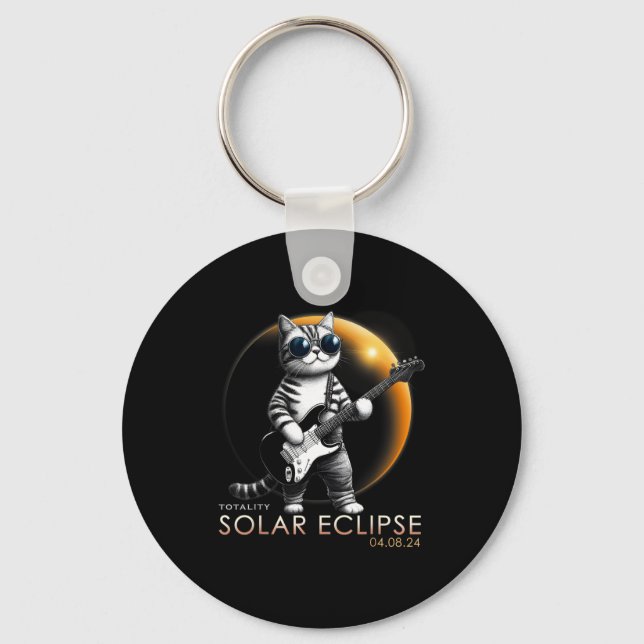 Cat Playing Guitar Total Solar Key Ring (Front)