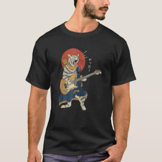 Cat Playing Guitar Ukiyo E Samurai Japanese Warrio T-Shirt