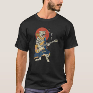 Cat Playing Guitar Ukiyo E Samurai Japanese Warrio T-Shirt