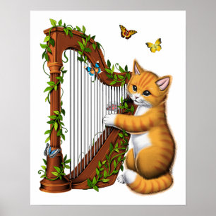 Cat Playing Harp Poster
