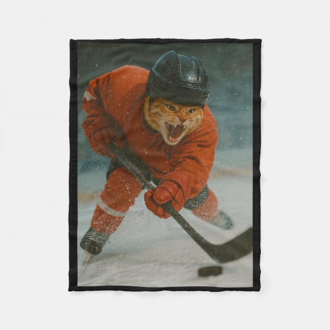 Cat Playing Hockey  Fleece Blanket (Front)