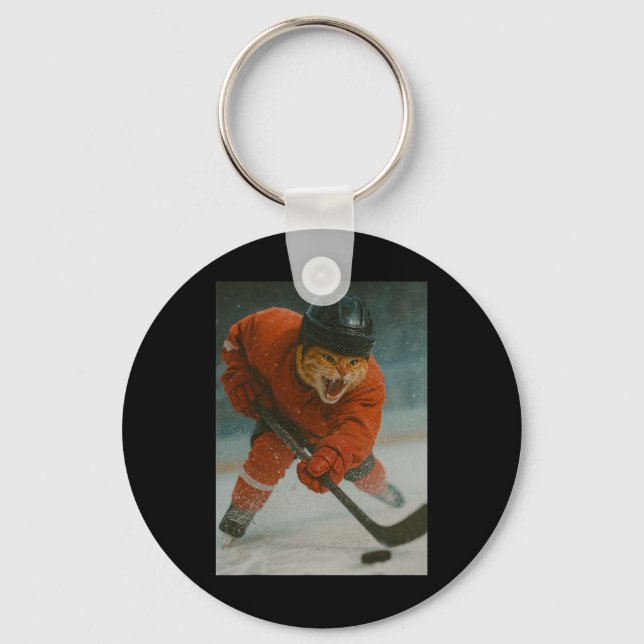 Cat Playing Hockey  Key Ring (Front)