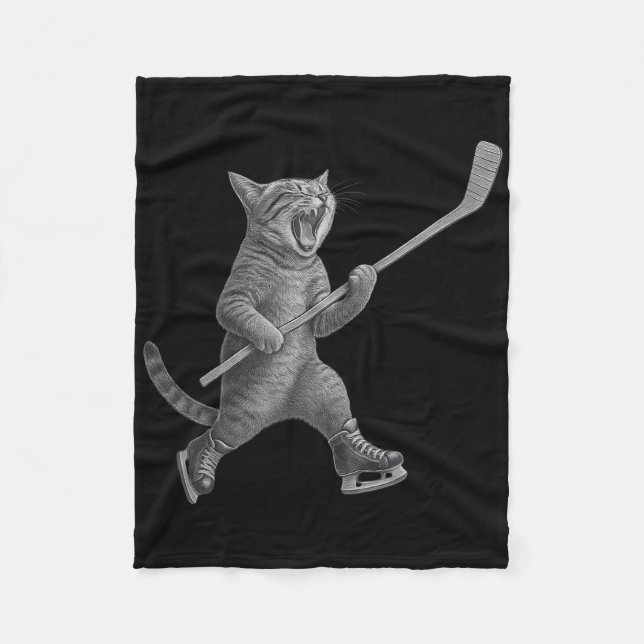 Cat Playing Ice Hockey Stick Funny Skating Cat  Fleece Blanket (Front)