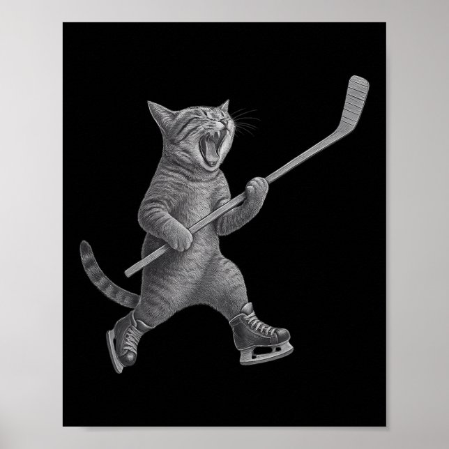 Cat Playing Ice Hockey Stick Funny Skating Cat  Poster (Front)