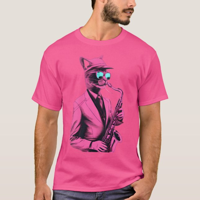 Cat Playing Jazz On Saxophone T-Shirt (Front)