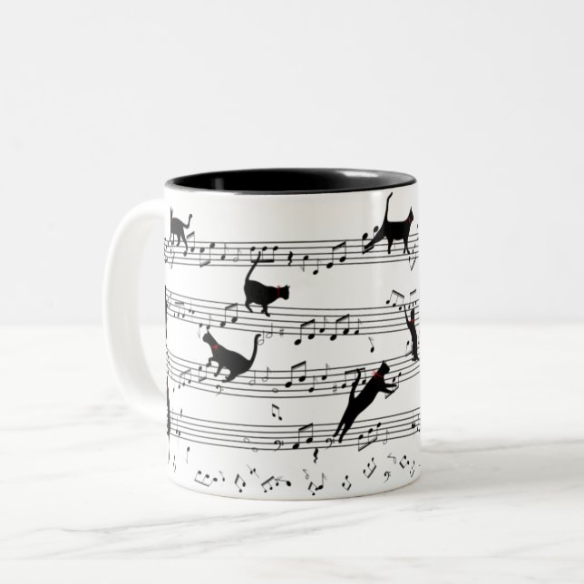 Cat Playing Note Music, Cat Music, Black Cat Gift Two-Tone Coffee Mug (Front Left)