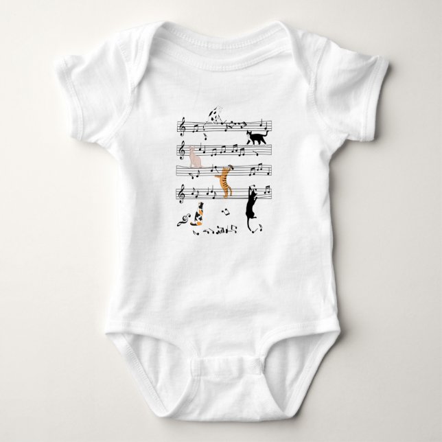 Cat Playing Note Music, Naughty Cat Gift, Cute Cat Baby Bodysuit (Front)