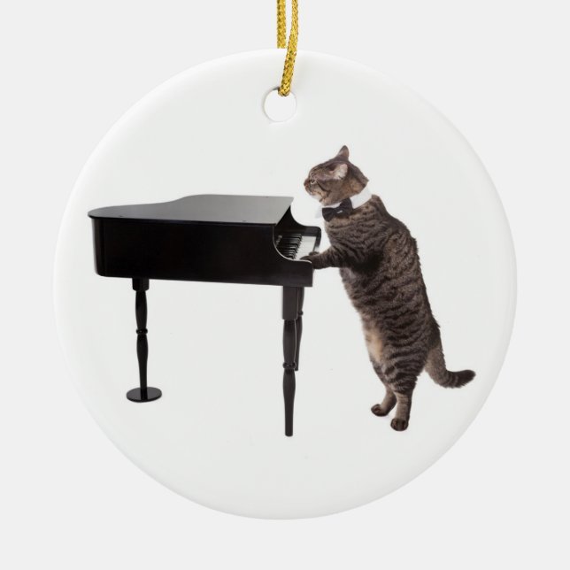 Cat Playing Piano Ceramic Tree Decoration (Front)