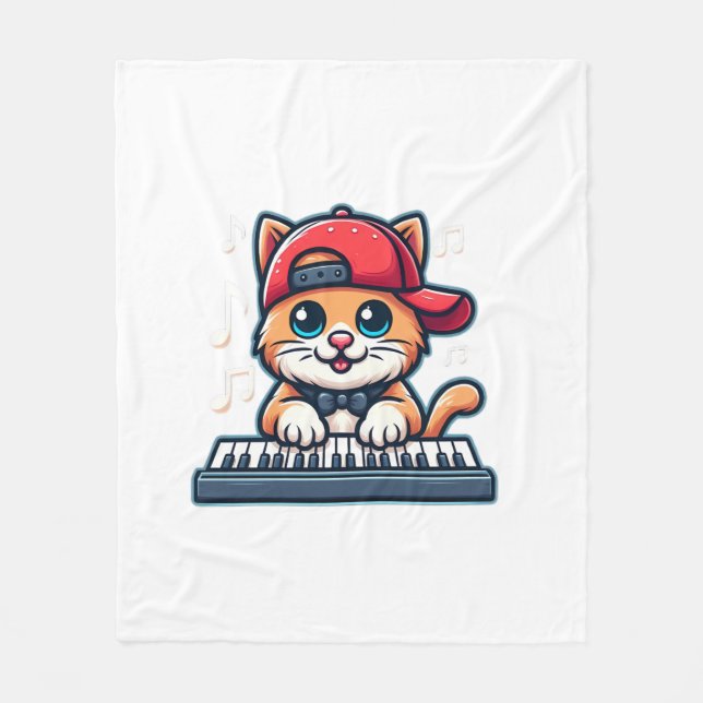 Cat Playing Piano Design for Music and Cat Lovers  Fleece Blanket (Front)