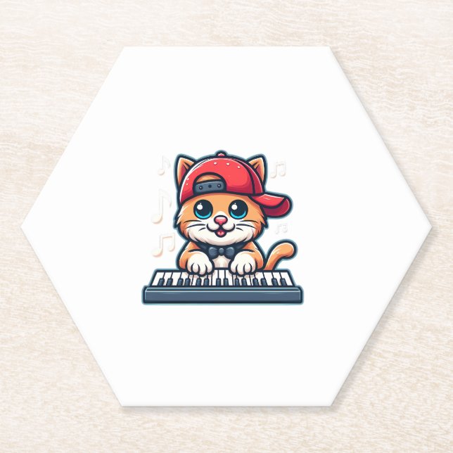 Cat Playing Piano Design for Music and Cat Lovers  Paper Coaster (Front)
