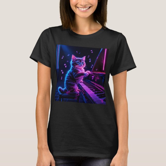 Cat Playing Piano Music Lover Funny T-Shirt (Front)
