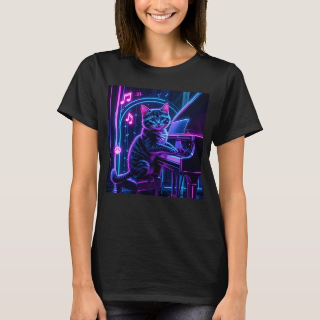 Cat Playing Piano Music Lover Funny T-Shirt (Front)