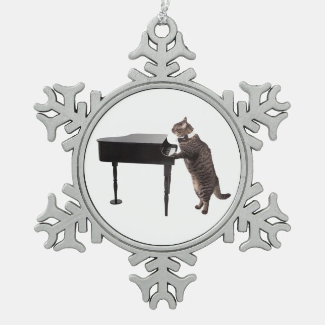 Cat Playing Piano Snowflake Pewter Christmas Ornament (Front)