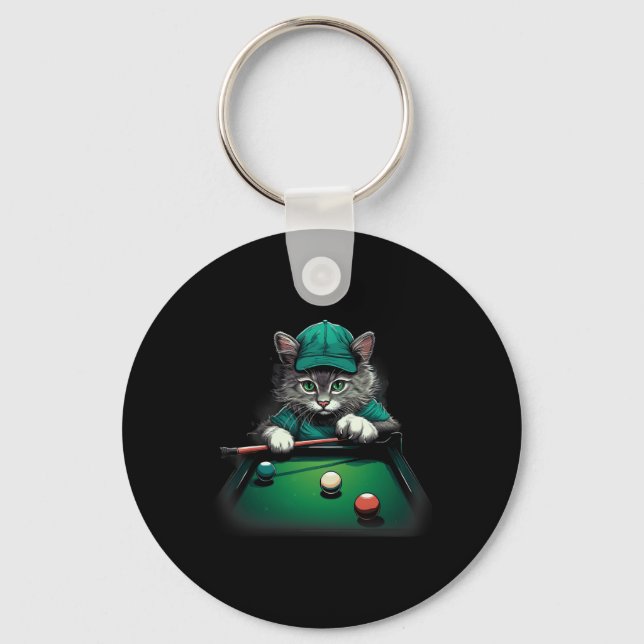 Cat Playing Pool Billiards Cool Funny Cats  Key Ring (Front)
