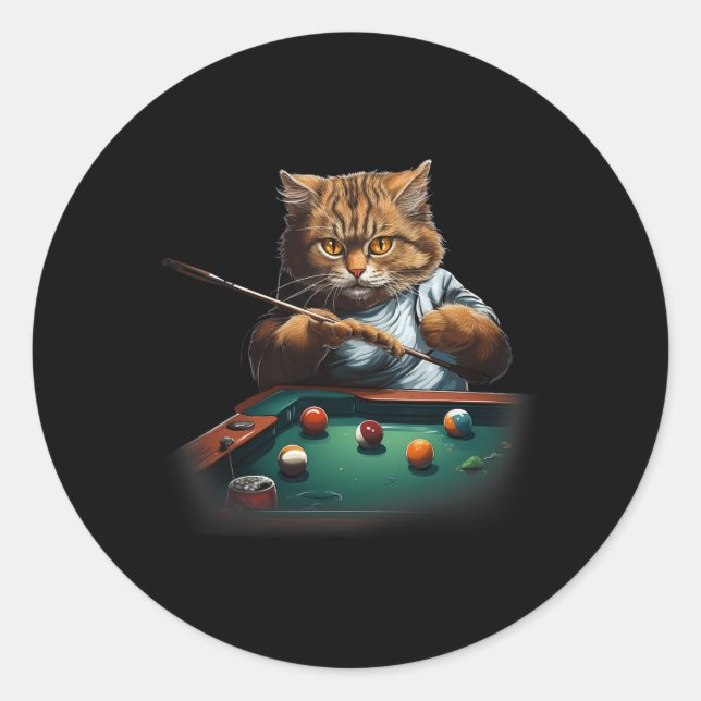 Cat Playing Pool Billiards Cool Funny Cats Men Wom Classic Round Sticker (Front)