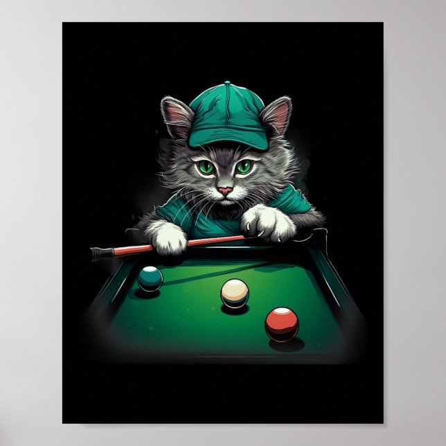 Cat Playing Pool Billiards Cool Funny Cats  Poster (Front)