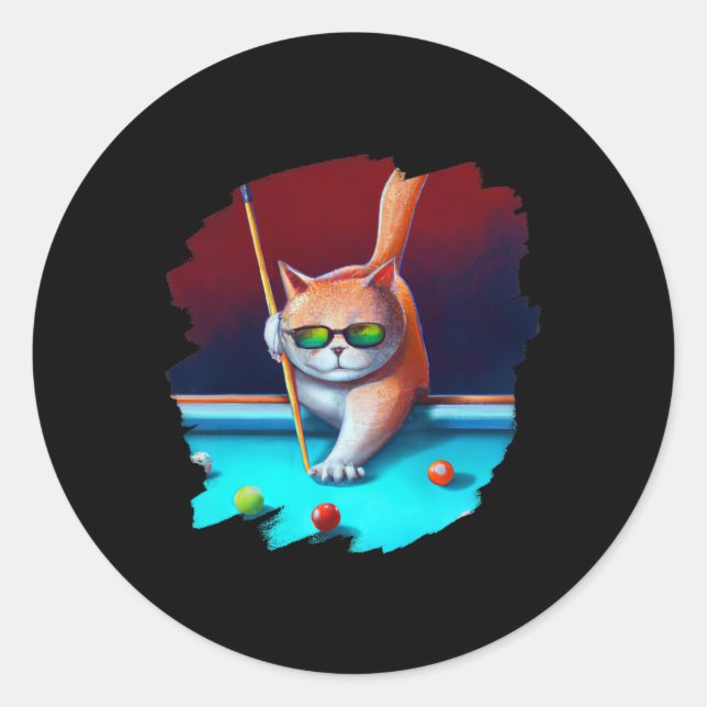 Cat Playing Pool Billiards In Lounge Cool Funny Ca Classic Round Sticker (Front)