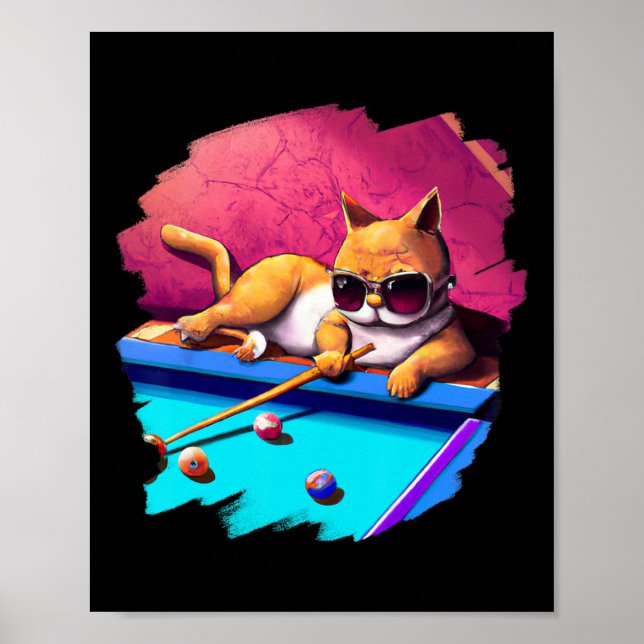 Cat Playing Pool Billiards In Lounge Cool Funny Ca Poster (Front)