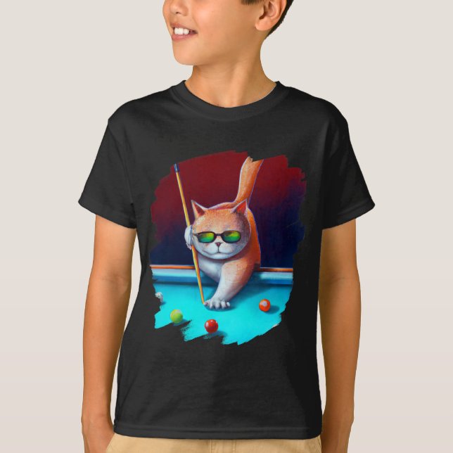 Cat Playing Pool Billiards In Lounge Cool Funny Ca T-Shirt (Front)