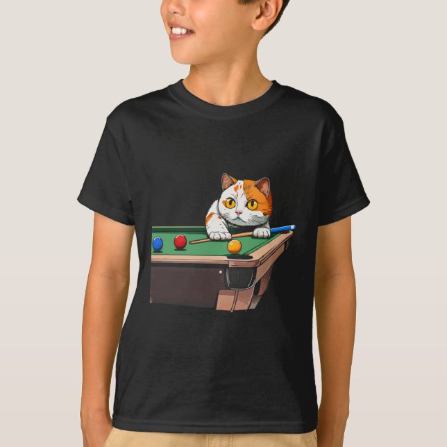 Cat Playing Pool Billiards In Lounge Cool Funny Ca T-Shirt (Front)