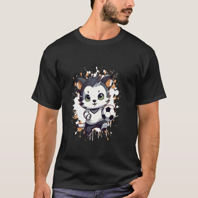 Cat Playing Soccer Comic Mascot T-Shirt (Front)