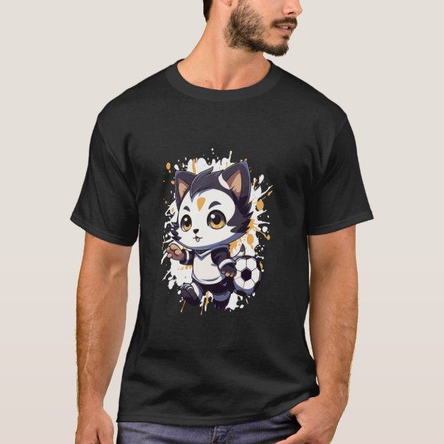 Cat Playing Soccer Illustration Comic T-Shirt (Front)