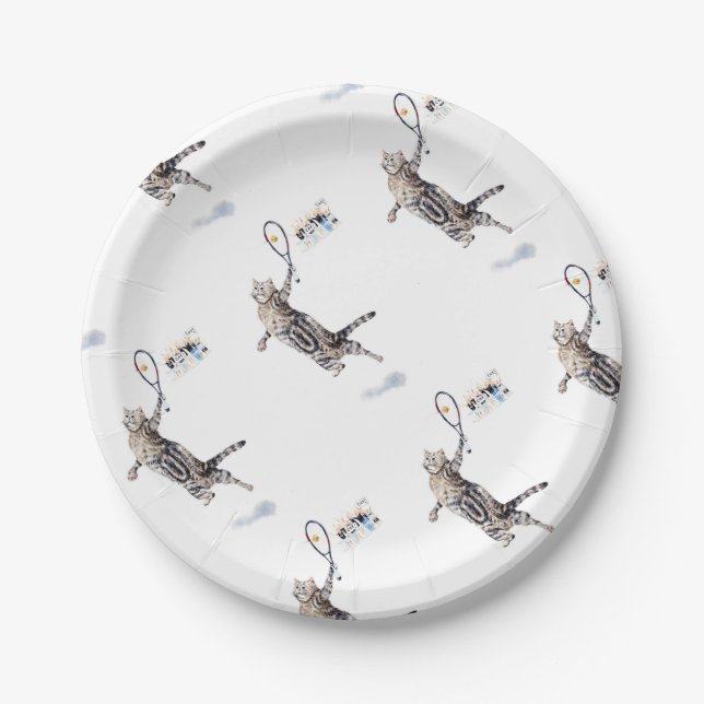 Cat Playing Tennis Paper Plate (Front)