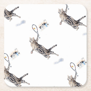 Cat Playing Tennis Square Paper Coaster