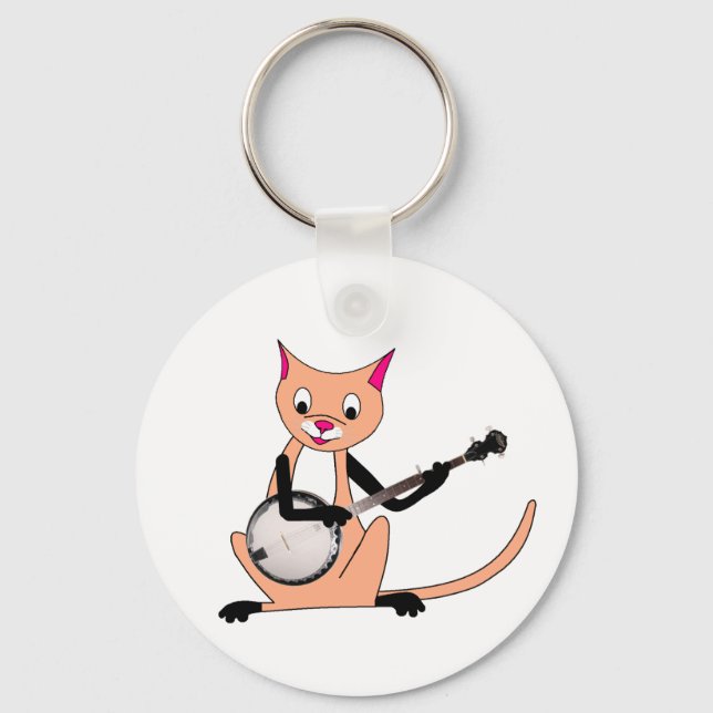 Cat Playing the Banjo Key Ring (Front)