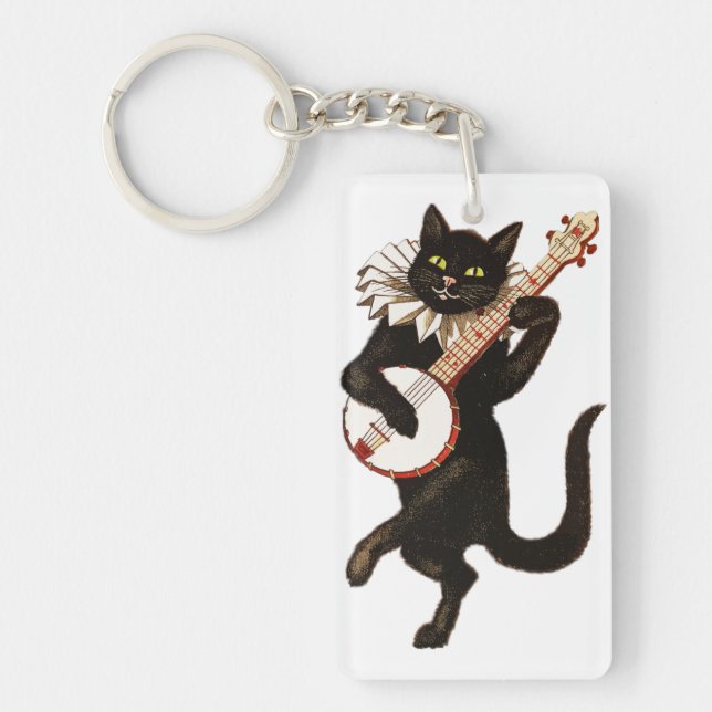 Cat Playing the Banjo Key Ring (Front)