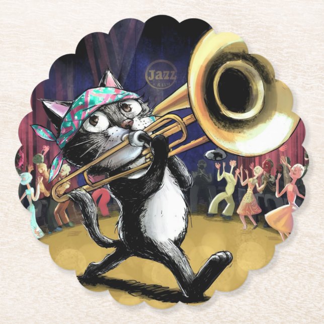 Cat playing Trombone Paper Coaster (Front)