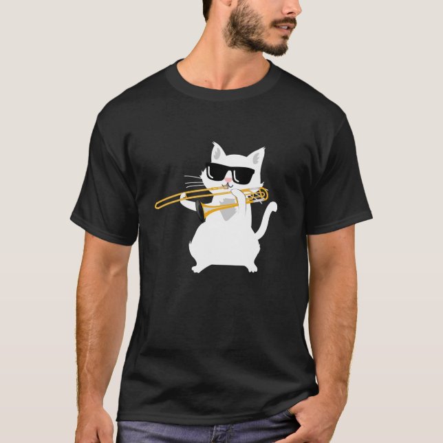 Cat Playing Trombone T Shirt (Front)