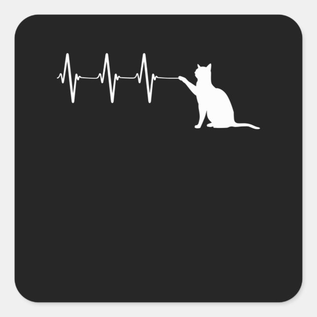 Cat Playing With EKG Heartbeat Line Funny Kitty Square Sticker (Front)