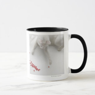Cat playing with heart shaped candy mug