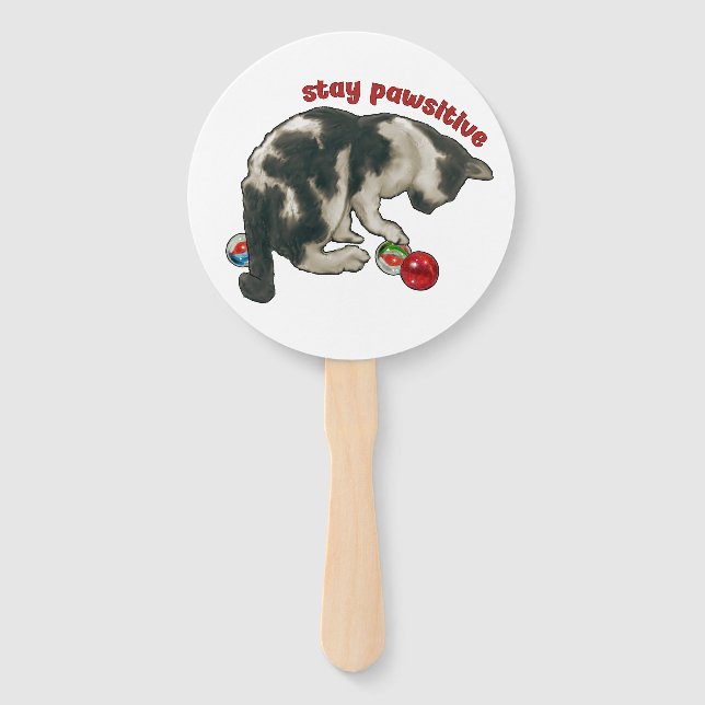 Cat Playing with MARBLES, Stay Pawsitive, Pun Hand Fan (Front)