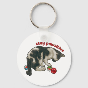 Cat Playing with MARBLES, Stay Pawsitive, Pun Key Ring