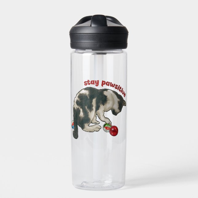 Cat Playing with MARBLES, Stay Pawsitive, Pun Water Bottle (Front)