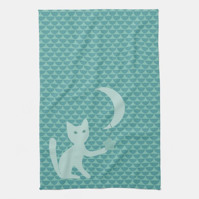 Cat Playing with Moon and Star Tea Towel (Vertical)