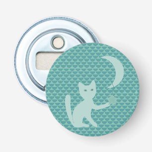 Cat Playing with Moon and Star Teal Bottle Opener