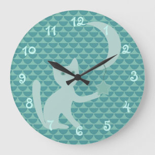 Cat Playing with Moon and Star Teal Large Clock