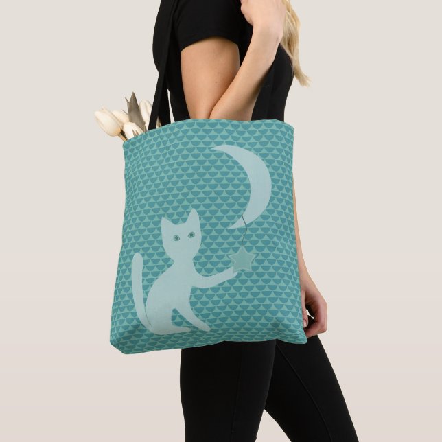 Cat Playing with Moon and Star Teal Tote Bag (Close Up)