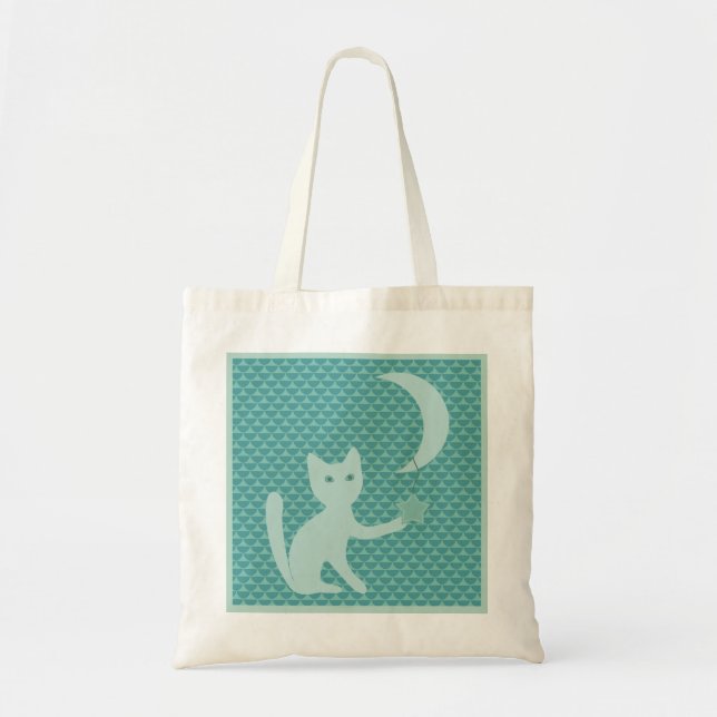 Cat Playing with Moon and Stars Teal Tote Bag (Front)