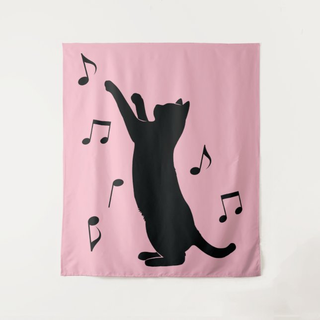 Cat Playing with Musical Notes in Silhouette Tapestry (Front)