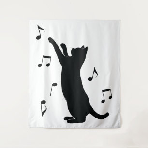 Cat Playing with Musical Notes in Silhouette Tapestry