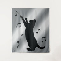 Cat Playing with Musical Notes in Silhouette