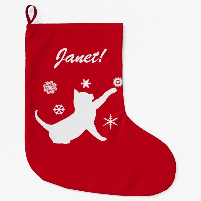 Cat Playing with Snowflakes in Silhouette Large Christmas Stocking (Front)