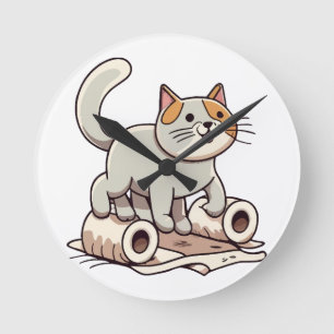 Cat Playing with Toilet Paper Round Clock