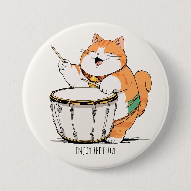 Cat Plays The Drum 7.5 Cm Round Badge (Front)