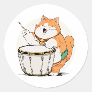 Cat Plays The Drum Classic Round Sticker