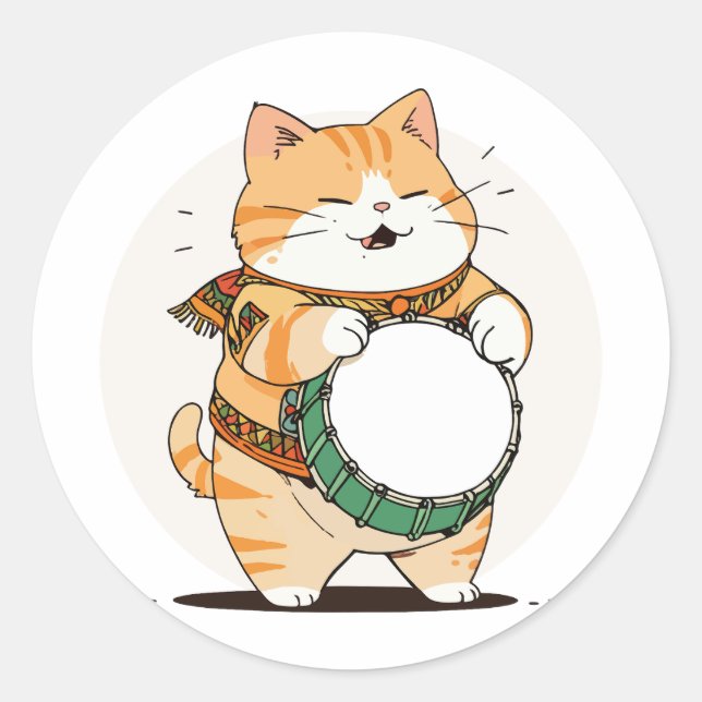 Cat Plays The Drum Classic Round Sticker (Front)